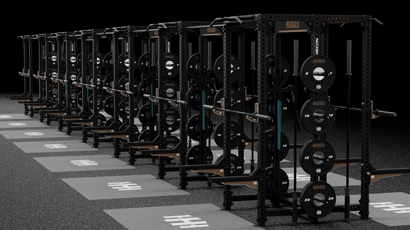 A row of RECON-built racks laid out across a facility floor
